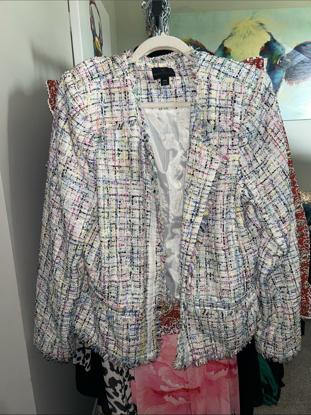 Worthington White Tweed Multicolor Fringe Open-Front Jacket